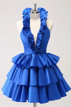 Royal Blue A-Line Halter Tiered Vestido Curto Homecoming com Folhos