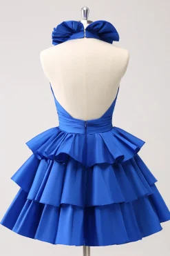 Royal Blue A-Line Halter Tiered Vestido Curto Homecoming com Folhos