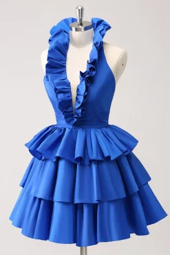 Royal Blue A-Line Halter Tiered Vestido Curto Homecoming com Folhos