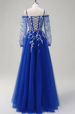 Royal Blue A-Line Ombro Frio Sequin Applique Long Prom Dress com Tule Fenda