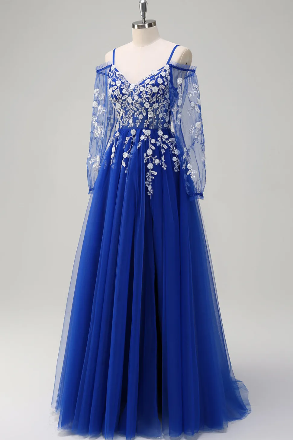 Royal Blue A-Line Ombro Frio Sequin Applique Long Prom Dress com Tule Fenda