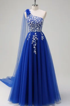 Royal Blue A-Line One Shoulder Watteau Train Appliqued Prom Dress com renda para trás