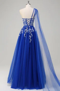 Royal Blue A-Line One Shoulder Watteau Train Appliqued Prom Dress com renda para trás