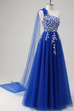 Royal Blue A-Line One Shoulder Watteau Train Appliqued Prom Dress com renda para trás