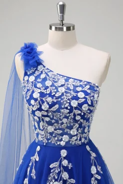 Royal Blue A-Line One Shoulder Watteau Train Appliqued Prom Dress com renda para trás