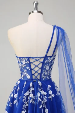 Royal Blue A-Line One Shoulder Watteau Train Appliqued Prom Dress com renda para trás