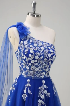 Royal Blue A-Line One Shoulder Watteau Train Appliqued Prom Dress com renda para trás