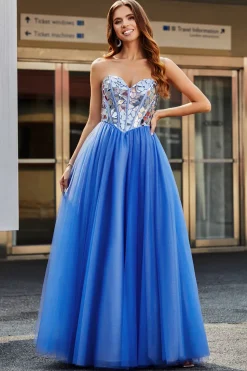 Royal Blue A-Line Querida Espelhos Quebrados Espartilho Sem Alças Vestido Longo Baile de Formatura