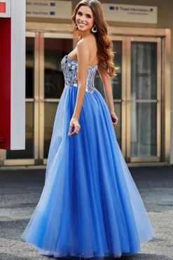 Royal Blue A-Line Querida Espelhos Quebrados Espartilho Sem Alças Vestido Longo Baile de Formatura