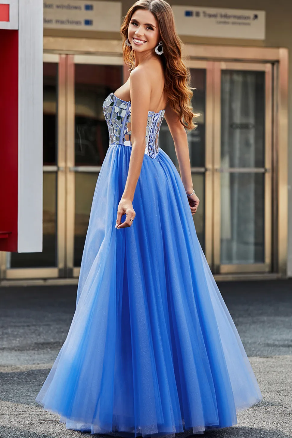 Royal Blue A-Line Querida Espelhos Quebrados Espartilho Sem Alças Vestido Longo Baile de Formatura