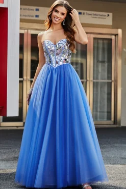 Royal Blue A-Line Querida Espelhos Quebrados Espartilho Sem Alças Vestido Longo Baile de Formatura