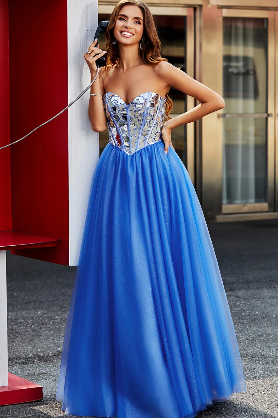 Royal Blue A-Line Querida Espelhos Quebrados Espartilho Sem Alças Vestido Longo Baile de Formatura