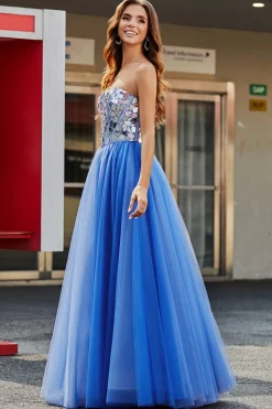 Royal Blue A-Line Querida Espelhos Quebrados Espartilho Sem Alças Vestido Longo Baile de Formatura