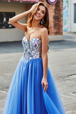 Royal Blue A-Line Querida Espelhos Quebrados Espartilho Sem Alças Vestido Longo Baile de Formatura
