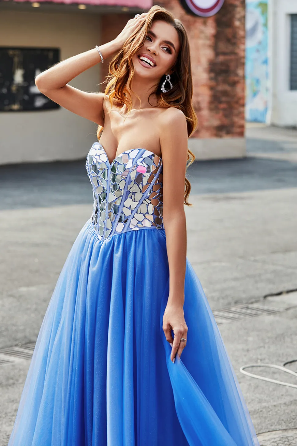 Royal Blue A-Line Querida Espelhos Quebrados Espartilho Sem Alças Vestido Longo Baile de Formatura