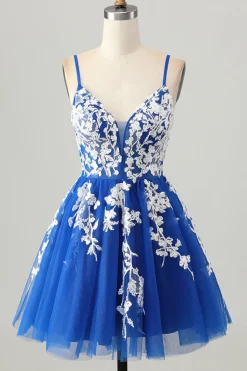 Royal Blue A-Line Spaghetti Correias Tule Vestido Curto Homecoming com Renda Up Back