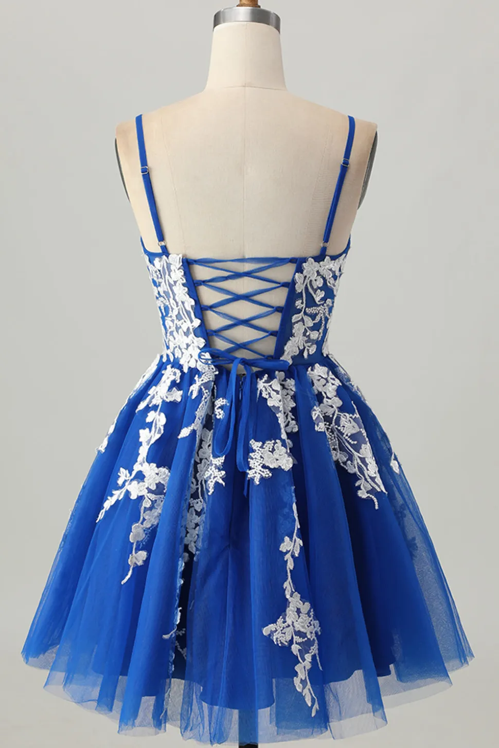 Royal Blue A-Line Spaghetti Correias Tule Vestido Curto Homecoming com Renda Up Back