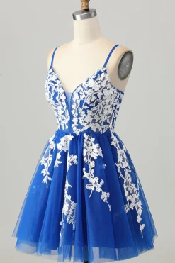 Royal Blue A-Line Spaghetti Correias Tule Vestido Curto Homecoming com Renda Up Back