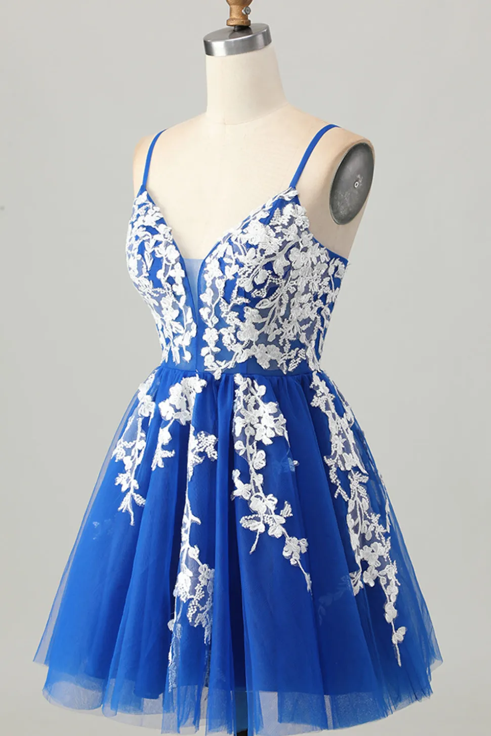 Royal Blue A-Line Spaghetti Correias Tule Vestido Curto Homecoming com Renda Up Back