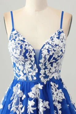 Royal Blue A-Line Spaghetti Correias Tule Vestido Curto Homecoming com Renda Up Back
