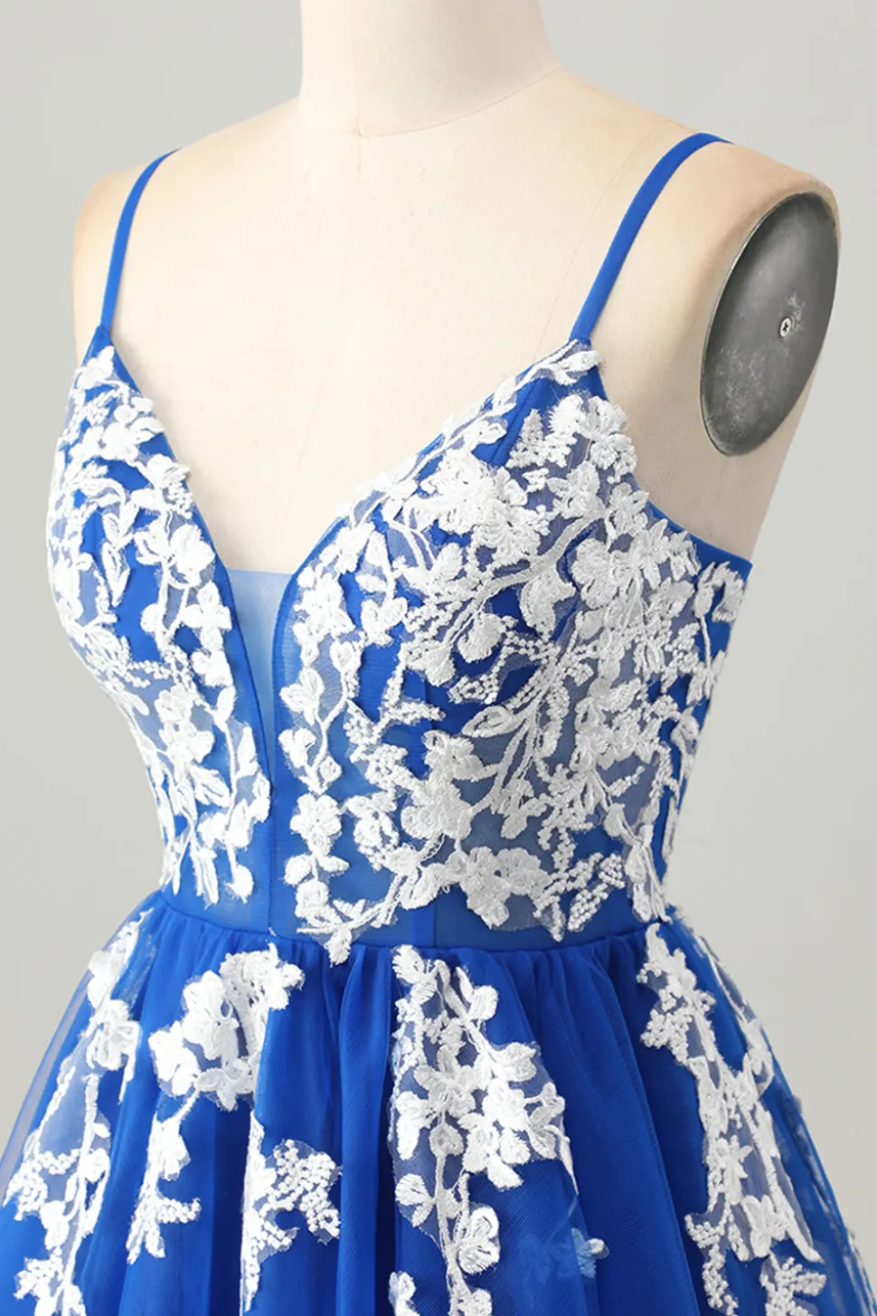 Royal Blue A-Line Spaghetti Correias Tule Vestido Curto Homecoming com Renda Up Back