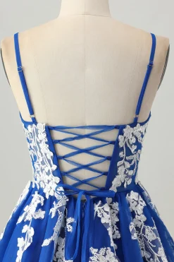 Royal Blue A-Line Spaghetti Correias Tule Vestido Curto Homecoming com Renda Up Back