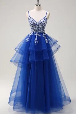 Royal Blue A-Line Tiered Long Appliqued Prom Dress com Lantejoulas
