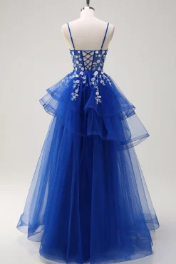 Royal Blue A-Line Tiered Long Appliqued Prom Dress com Lantejoulas