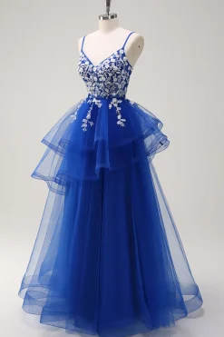 Royal Blue A-Line Tiered Long Appliqued Prom Dress com Lantejoulas