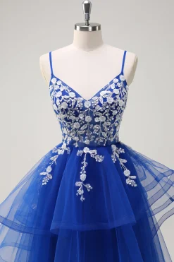 Royal Blue A-Line Tiered Long Appliqued Prom Dress com Lantejoulas