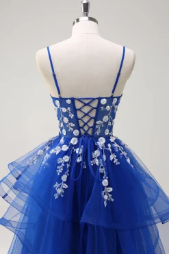 Royal Blue A-Line Tiered Long Appliqued Prom Dress com Lantejoulas