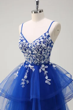 Royal Blue A-Line Tiered Long Appliqued Prom Dress com Lantejoulas