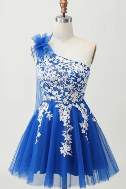 Royal Blue A-Line Um Ombro Tulle Homecoming Vestido com Renda para Trás