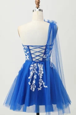 Royal Blue A-Line Um Ombro Tulle Homecoming Vestido com Renda para Trás
