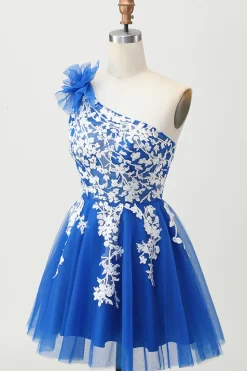 Royal Blue A-Line Um Ombro Tulle Homecoming Vestido com Renda para Trás