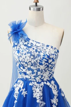 Royal Blue A-Line Um Ombro Tulle Homecoming Vestido com Renda para Trás