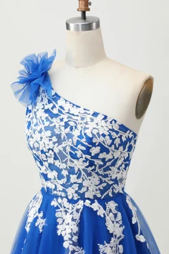 Royal Blue A-Line Um Ombro Tulle Homecoming Vestido com Renda para Trás