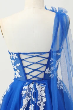 Royal Blue A-Line Um Ombro Tulle Homecoming Vestido com Renda para Trás