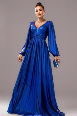 Royal Blue A-Line V Pescoço mangas compridas plissado longo vestido formal