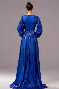 Royal Blue A-Line V Pescoço mangas compridas plissado longo vestido formal
