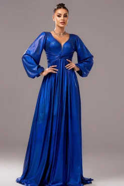 Royal Blue A-Line V Pescoço mangas compridas plissado longo vestido formal