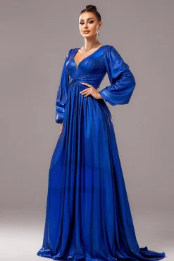 Royal Blue A-Line V Pescoço mangas compridas plissado longo vestido formal