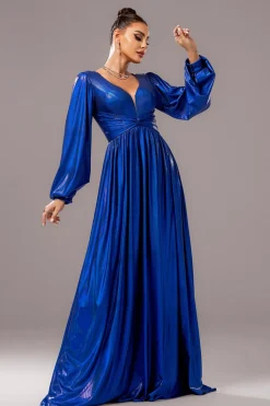 Royal Blue A-Line V Pescoço mangas compridas plissado longo vestido formal