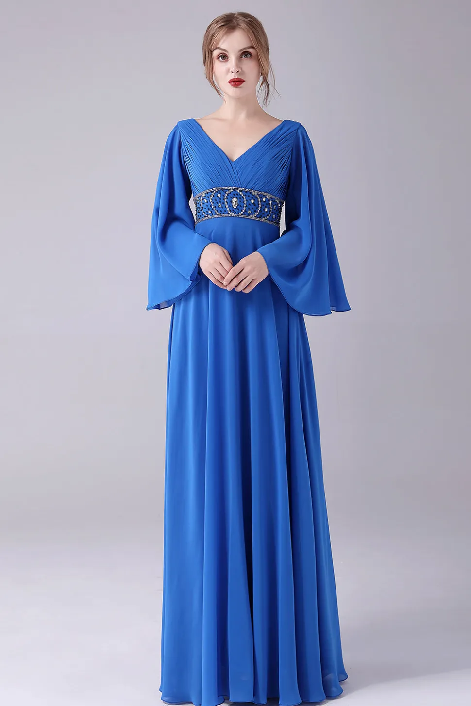 Royal Blue A-Line V-Neck plissado andar de comprimento mãe do vestido de noiva com missangas