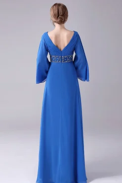 Royal Blue A-Line V-Neck plissado andar de comprimento mãe do vestido de noiva com missangas