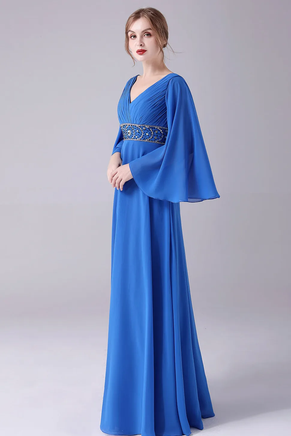 Royal Blue A-Line V-Neck plissado andar de comprimento mãe do vestido de noiva com missangas