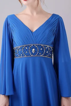 Royal Blue A-Line V-Neck plissado andar de comprimento mãe do vestido de noiva com missangas