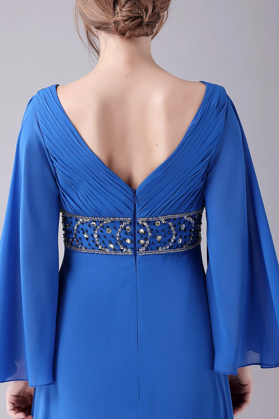 Royal Blue A-Line V-Neck plissado andar de comprimento mãe do vestido de noiva com missangas