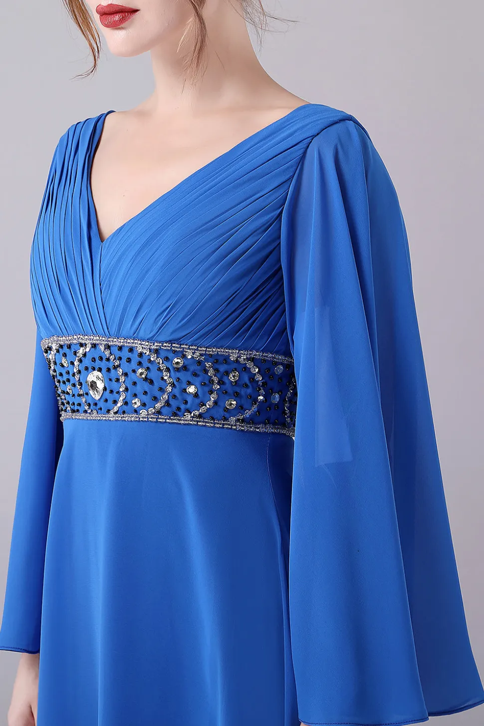 Royal Blue A-Line V-Neck plissado andar de comprimento mãe do vestido de noiva com missangas
