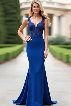 Royal Blue Appliqued Sereia V-Neck Mãe Do Vestido De Noiva